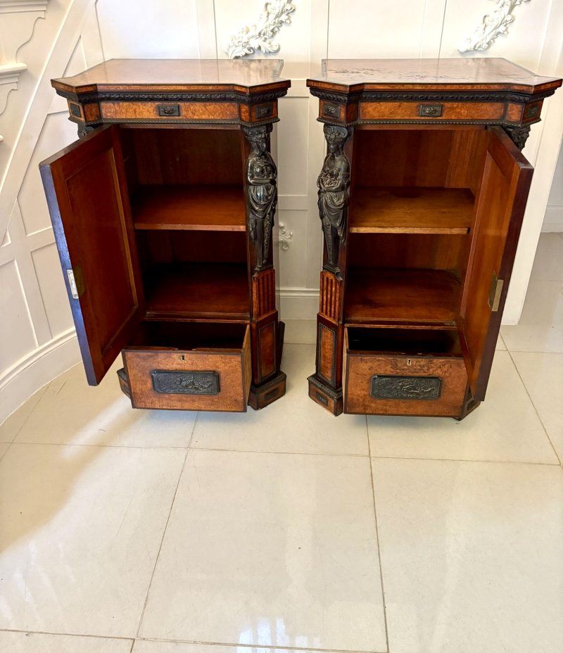 Exhibition Quality Pair of Antique Victorian Amboyna and Carved Ebony Pedestals - Image 3